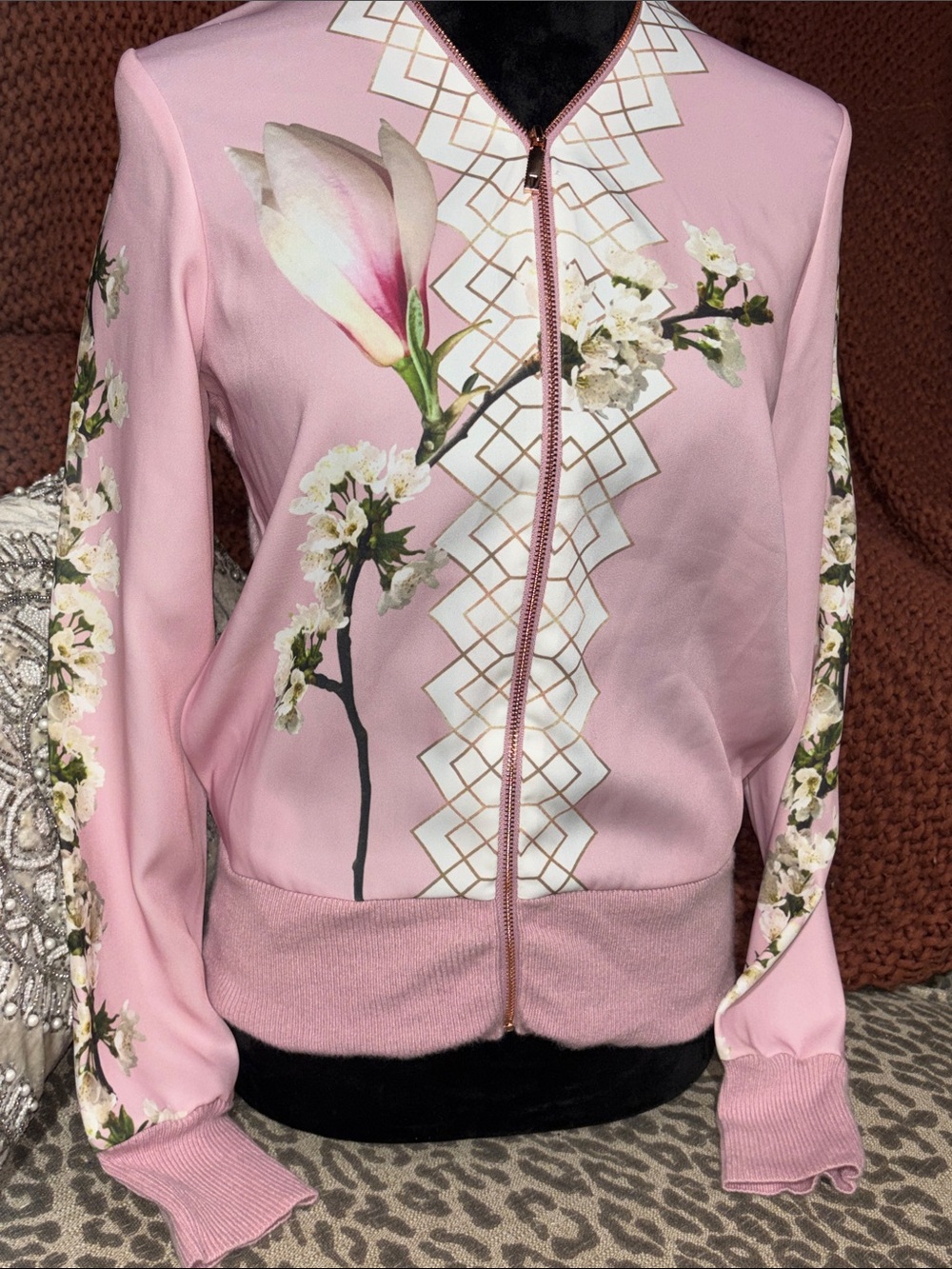 Ted baker satin zip up floral lightweight long sleeve knit back full zip size 1